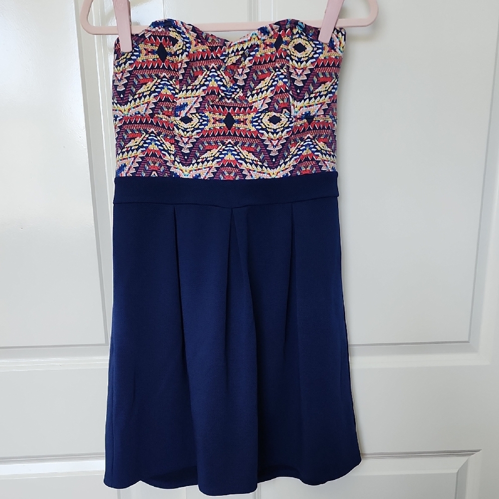 Xhilaration Strapless Dress with Pink Geometric Top and Navy Skirt